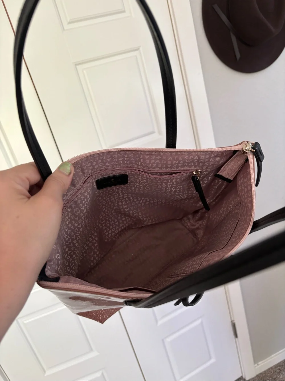 Kate Spade Rose Gold Glitter Tote with Black Handles